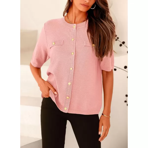imagePRETTYGARDEN Womens Summer Button Down Shirts Casual Short Sleeve Crew Neck Ribbed Knit Blouse Top CardigansLight Pink