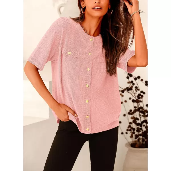 imagePRETTYGARDEN Womens Summer Button Down Shirts Casual Short Sleeve Crew Neck Ribbed Knit Blouse Top CardigansLight Pink