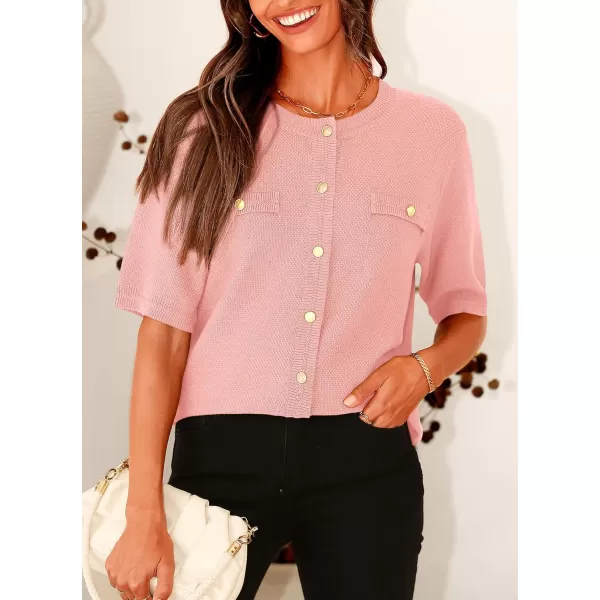 imagePRETTYGARDEN Womens Summer Button Down Shirts Casual Short Sleeve Crew Neck Ribbed Knit Blouse Top CardigansLight Pink