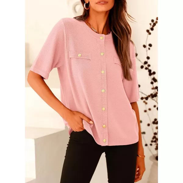 imagePRETTYGARDEN Womens Summer Button Down Shirts Casual Short Sleeve Crew Neck Ribbed Knit Blouse Top CardigansLight Pink