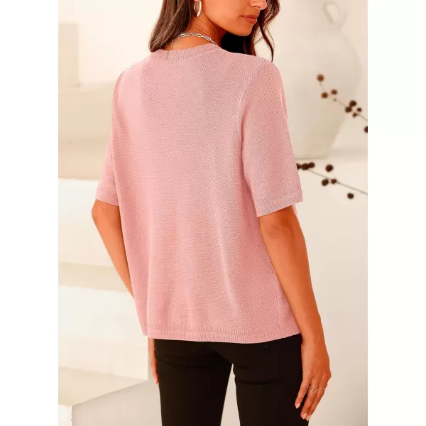 imagePRETTYGARDEN Womens Summer Button Down Shirts Casual Short Sleeve Crew Neck Ribbed Knit Blouse Top CardigansLight Pink