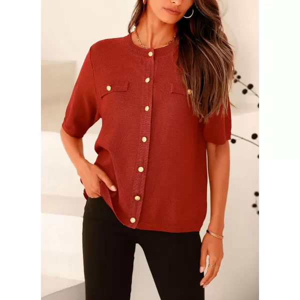 imagePRETTYGARDEN Womens Summer Button Down Shirts Casual Short Sleeve Crew Neck Ribbed Knit Blouse Top CardigansRust Red