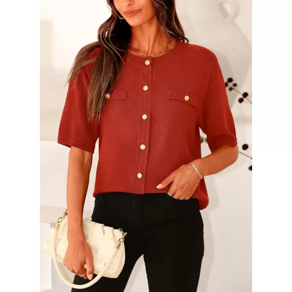imagePRETTYGARDEN Womens Summer Button Down Shirts Casual Short Sleeve Crew Neck Ribbed Knit Blouse Top CardigansRust Red
