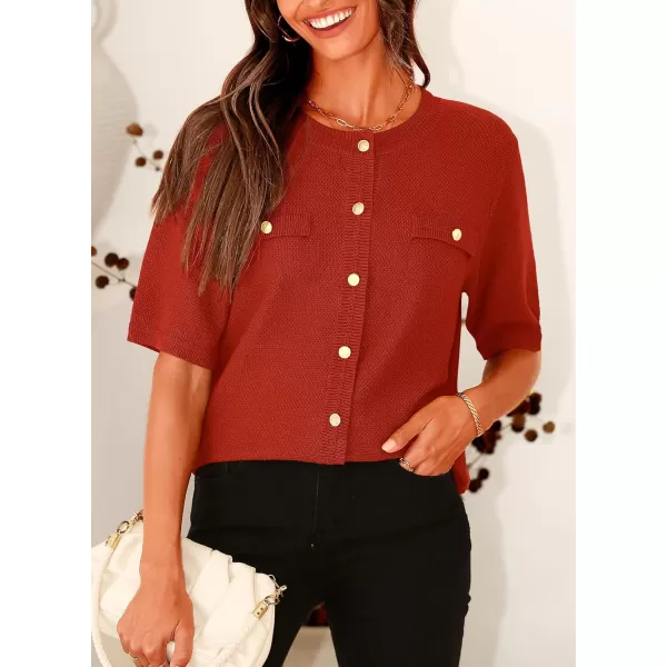 imagePRETTYGARDEN Womens Summer Button Down Shirts Casual Short Sleeve Crew Neck Ribbed Knit Blouse Top CardigansRust Red