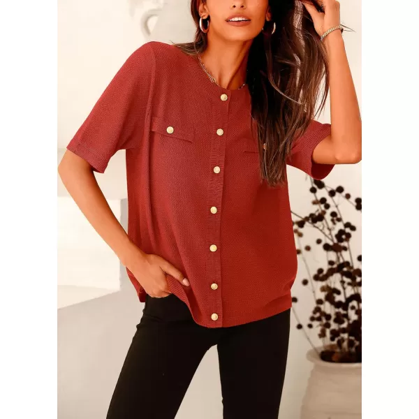 imagePRETTYGARDEN Womens Summer Button Down Shirts Casual Short Sleeve Crew Neck Ribbed Knit Blouse Top CardigansRust Red