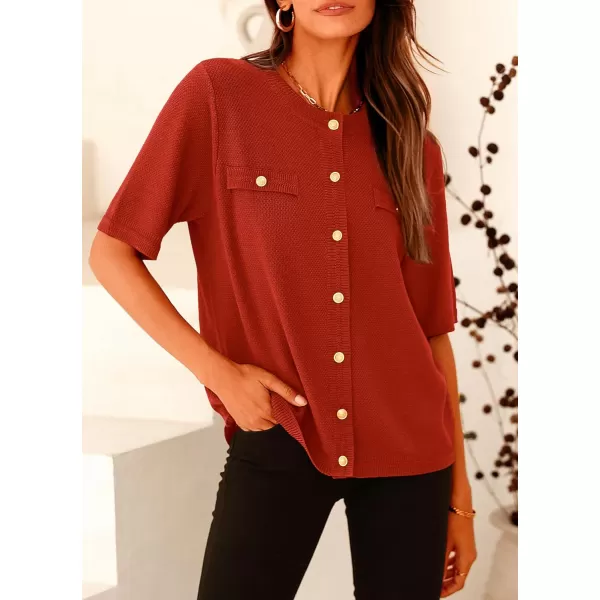imagePRETTYGARDEN Womens Summer Button Down Shirts Casual Short Sleeve Crew Neck Ribbed Knit Blouse Top CardigansRust Red