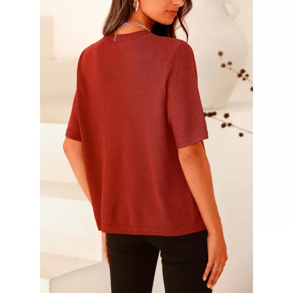 imagePRETTYGARDEN Womens Summer Button Down Shirts Casual Short Sleeve Crew Neck Ribbed Knit Blouse Top CardigansRust Red