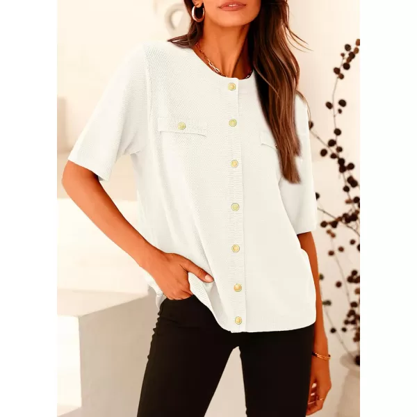 imagePRETTYGARDEN Womens Summer Button Down Shirts Casual Short Sleeve Crew Neck Ribbed Knit Blouse Top CardigansWhite