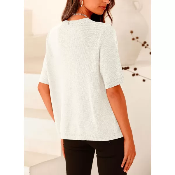 imagePRETTYGARDEN Womens Summer Button Down Shirts Casual Short Sleeve Crew Neck Ribbed Knit Blouse Top CardigansWhite
