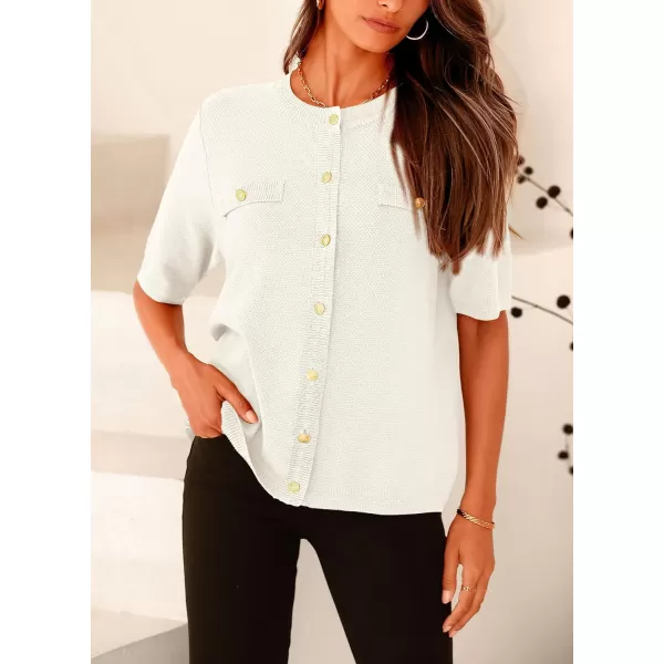 imagePRETTYGARDEN Womens Summer Button Down Shirts Casual Short Sleeve Crew Neck Ribbed Knit Blouse Top CardigansWhite