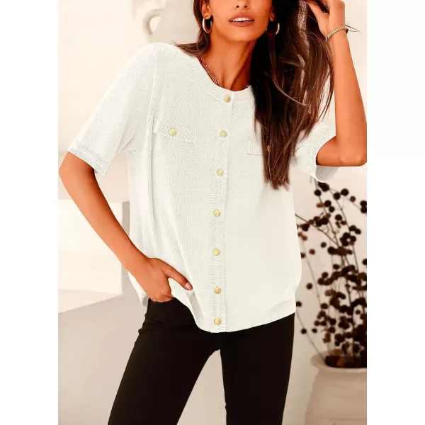 imagePRETTYGARDEN Womens Summer Button Down Shirts Casual Short Sleeve Crew Neck Ribbed Knit Blouse Top CardigansWhite