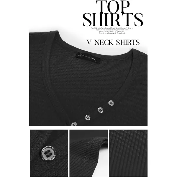 imagePRETTYGARDEN Womens Summer Casual Henley TShirts Short Sleeve V Neck Button Up Ribbed Knit Slim Fit Basic TopsBlack