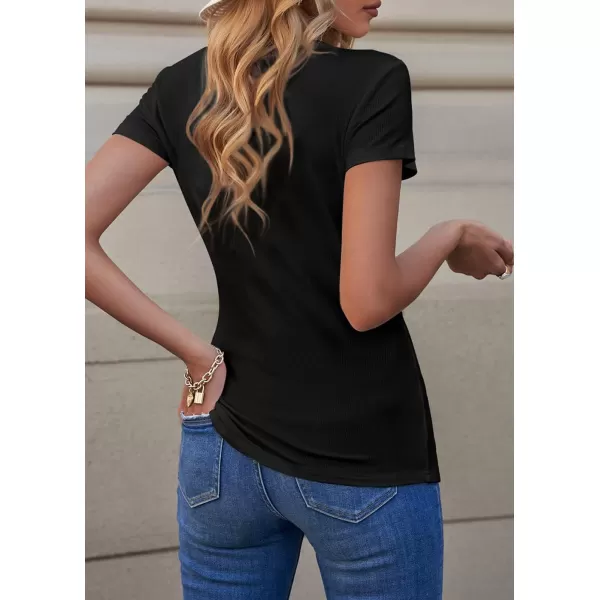 imagePRETTYGARDEN Womens Summer Casual Henley TShirts Short Sleeve V Neck Button Up Ribbed Knit Slim Fit Basic TopsBlack