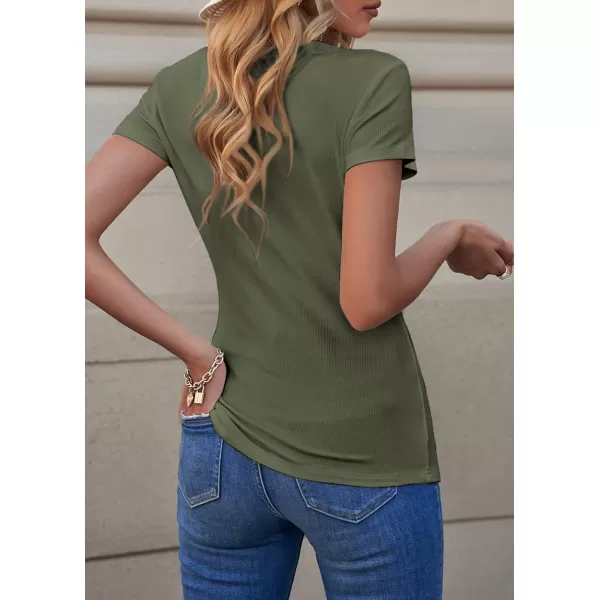 imagePRETTYGARDEN Womens Summer Casual Henley TShirts Short Sleeve V Neck Button Up Ribbed Knit Slim Fit Basic TopsGreen