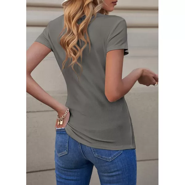 imagePRETTYGARDEN Womens Summer Casual Henley TShirts Short Sleeve V Neck Button Up Ribbed Knit Slim Fit Basic TopsGrey