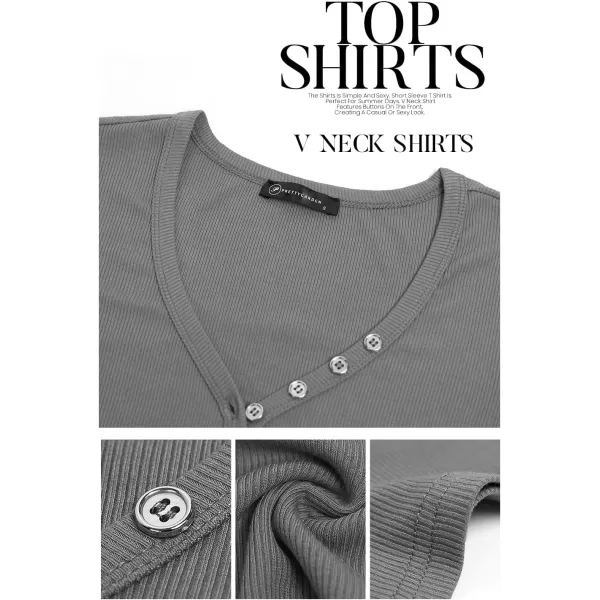 imagePRETTYGARDEN Womens Summer Casual Henley TShirts Short Sleeve V Neck Button Up Ribbed Knit Slim Fit Basic TopsGrey
