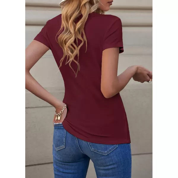 imagePRETTYGARDEN Womens Summer Casual Henley TShirts Short Sleeve V Neck Button Up Ribbed Knit Slim Fit Basic TopsRed