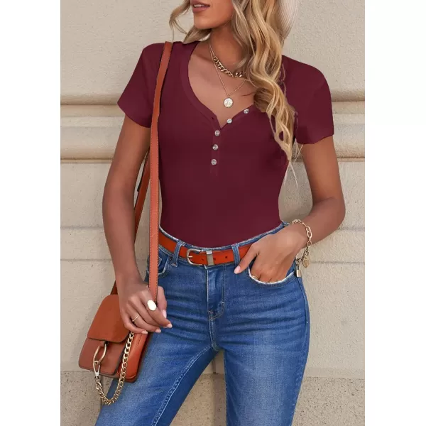 imagePRETTYGARDEN Womens Summer Casual Henley TShirts Short Sleeve V Neck Button Up Ribbed Knit Slim Fit Basic TopsRed