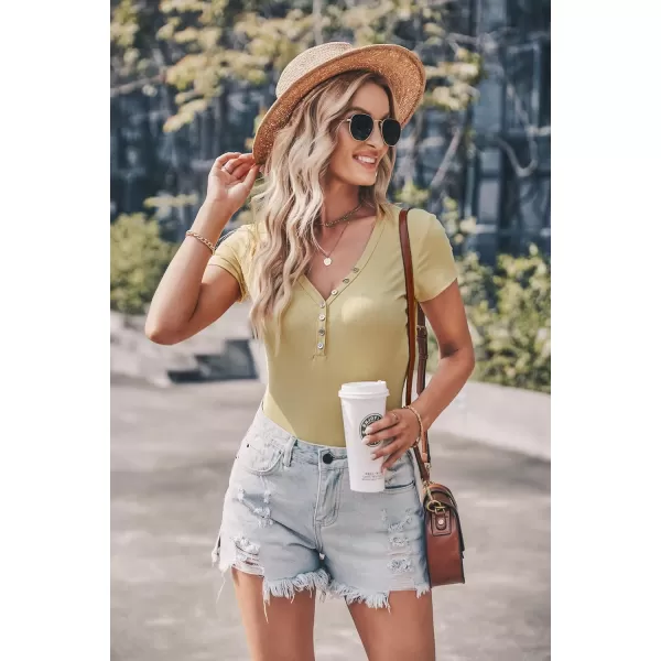 imagePRETTYGARDEN Womens Summer Casual Henley TShirts Short Sleeve V Neck Button Up Ribbed Knit Slim Fit Basic TopsYellow