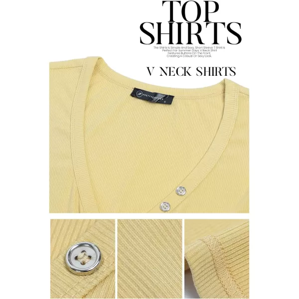 imagePRETTYGARDEN Womens Summer Casual Henley TShirts Short Sleeve V Neck Button Up Ribbed Knit Slim Fit Basic TopsYellow