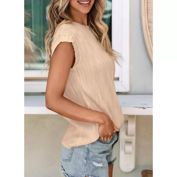 imagePRETTYGARDEN Womens Summer Going Out Tops Dressy Casual Crewneck Short Sleeve Textured Basic Cute Trendy T Shirts Tee BlouseApricot