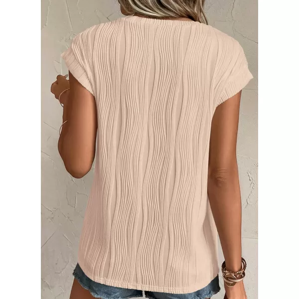 imagePRETTYGARDEN Womens Summer Going Out Tops Dressy Casual Crewneck Short Sleeve Textured Basic Cute Trendy T Shirts Tee BlouseApricot