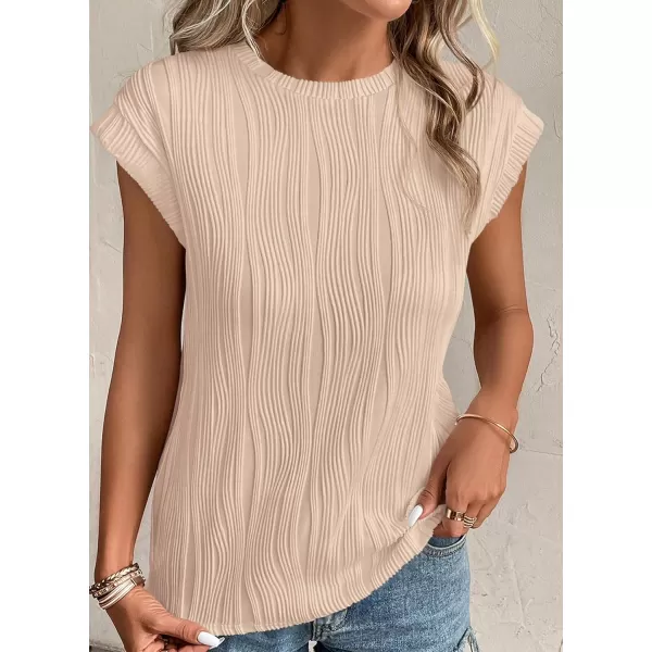 imagePRETTYGARDEN Womens Summer Going Out Tops Dressy Casual Crewneck Short Sleeve Textured Basic Cute Trendy T Shirts Tee BlouseApricot