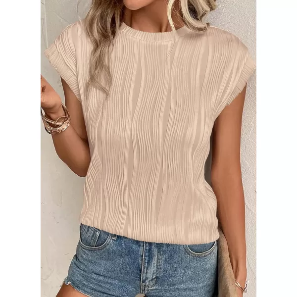imagePRETTYGARDEN Womens Summer Going Out Tops Dressy Casual Crewneck Short Sleeve Textured Basic Cute Trendy T Shirts Tee BlouseApricot