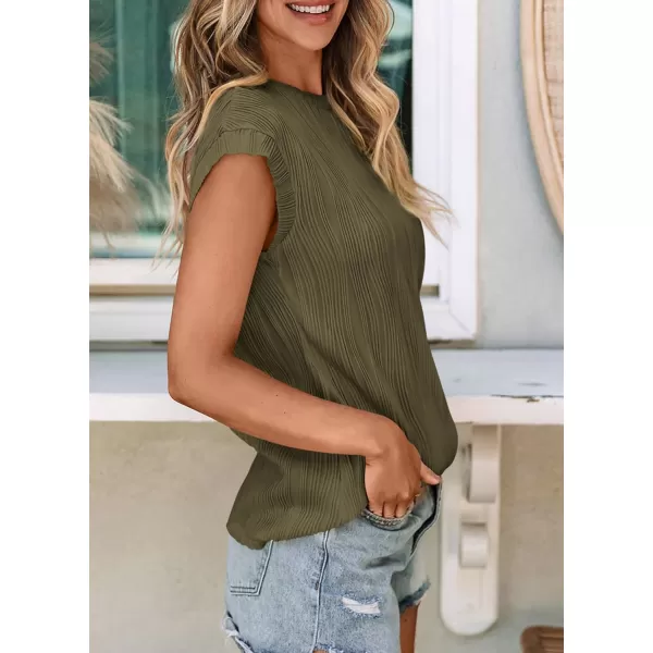 imagePRETTYGARDEN Womens Summer Going Out Tops Dressy Casual Crewneck Short Sleeve Textured Basic Cute Trendy T Shirts Tee BlouseArmy Green
