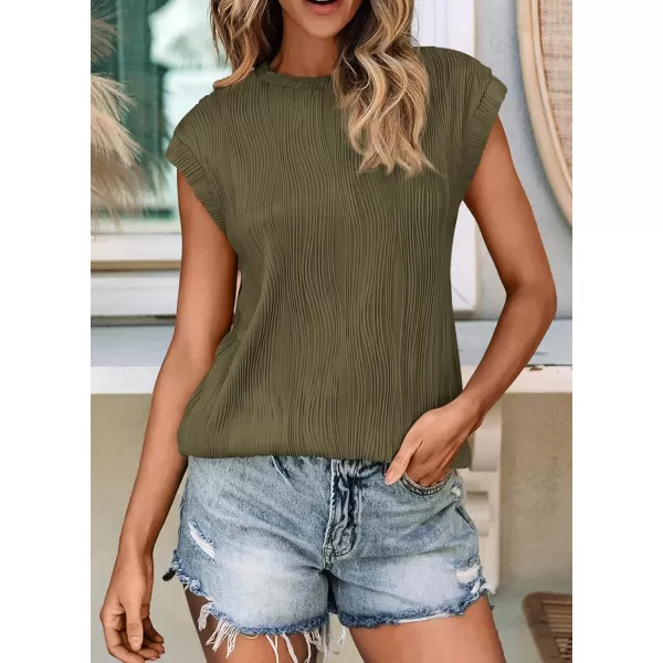 imagePRETTYGARDEN Womens Summer Going Out Tops Dressy Casual Crewneck Short Sleeve Textured Basic Cute Trendy T Shirts Tee BlouseArmy Green