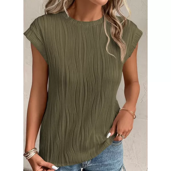 imagePRETTYGARDEN Womens Summer Going Out Tops Dressy Casual Crewneck Short Sleeve Textured Basic Cute Trendy T Shirts Tee BlouseArmy Green