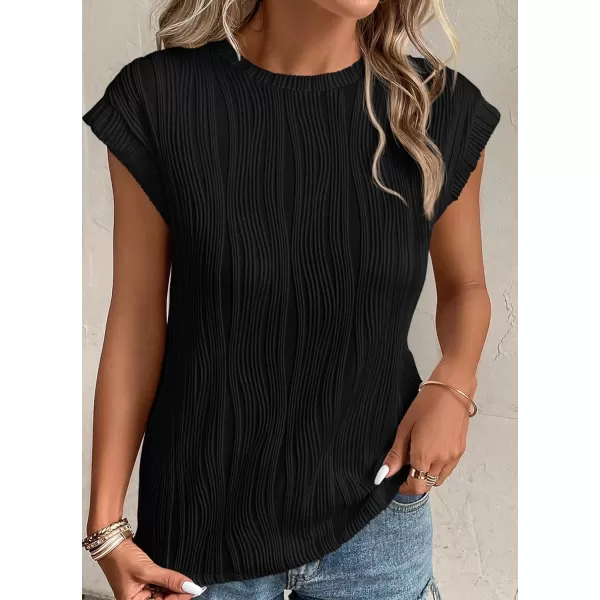 imagePRETTYGARDEN Womens Summer Going Out Tops Dressy Casual Crewneck Short Sleeve Textured Basic Cute Trendy T Shirts Tee BlouseBlack