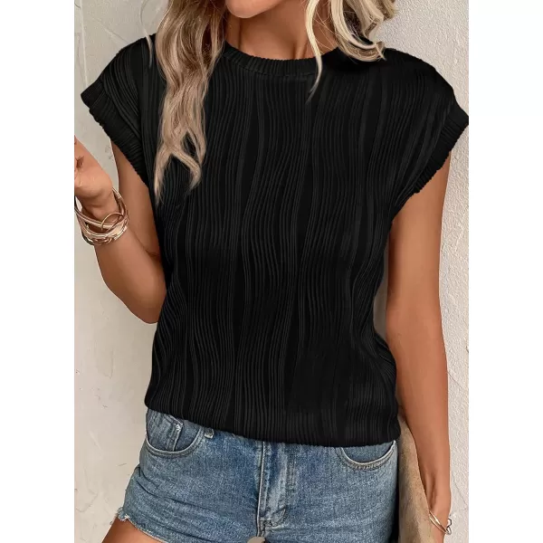 imagePRETTYGARDEN Womens Summer Going Out Tops Dressy Casual Crewneck Short Sleeve Textured Basic Cute Trendy T Shirts Tee BlouseBlack