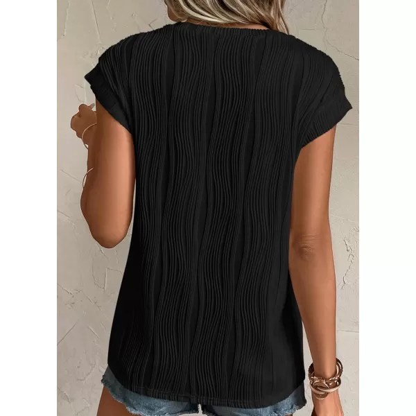 imagePRETTYGARDEN Womens Summer Going Out Tops Dressy Casual Crewneck Short Sleeve Textured Basic Cute Trendy T Shirts Tee BlouseBlack