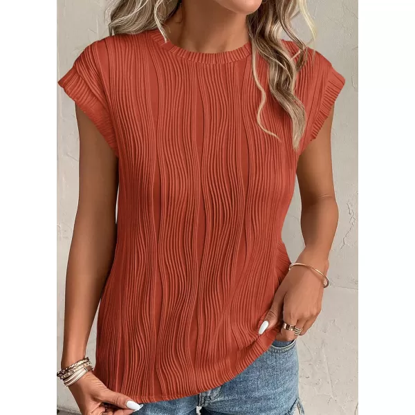 imagePRETTYGARDEN Womens Summer Going Out Tops Dressy Casual Crewneck Short Sleeve Textured Basic Cute Trendy T Shirts Tee BlouseBrick Red