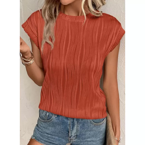 imagePRETTYGARDEN Womens Summer Going Out Tops Dressy Casual Crewneck Short Sleeve Textured Basic Cute Trendy T Shirts Tee BlouseBrick Red