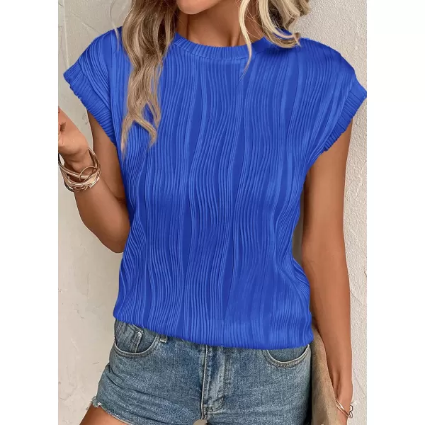 imagePRETTYGARDEN Womens Summer Going Out Tops Dressy Casual Crewneck Short Sleeve Textured Basic Cute Trendy T Shirts Tee BlouseBrilliant Blue