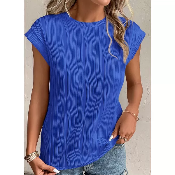 imagePRETTYGARDEN Womens Summer Going Out Tops Dressy Casual Crewneck Short Sleeve Textured Basic Cute Trendy T Shirts Tee BlouseBrilliant Blue