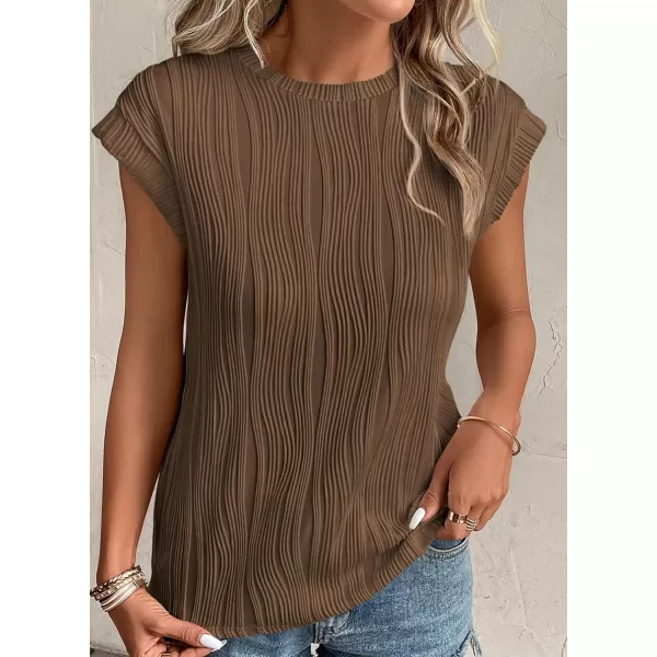 imagePRETTYGARDEN Womens Summer Going Out Tops Dressy Casual Crewneck Short Sleeve Textured Basic Cute Trendy T Shirts Tee BlouseCoffee