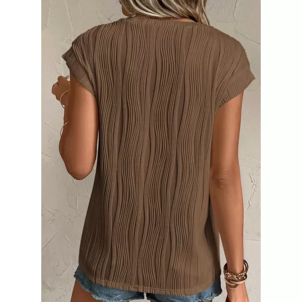 imagePRETTYGARDEN Womens Summer Going Out Tops Dressy Casual Crewneck Short Sleeve Textured Basic Cute Trendy T Shirts Tee BlouseCoffee