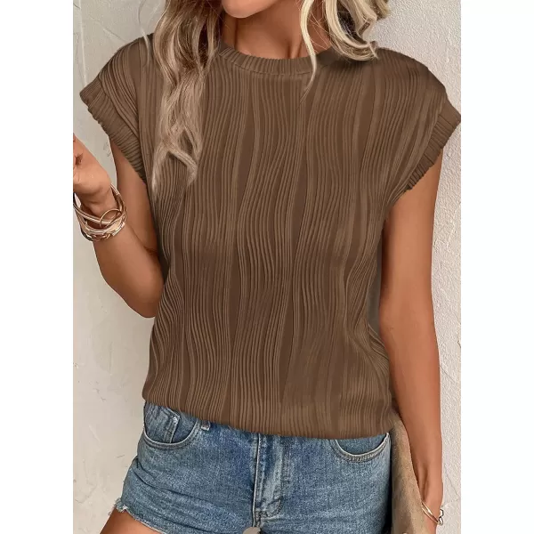 imagePRETTYGARDEN Womens Summer Going Out Tops Dressy Casual Crewneck Short Sleeve Textured Basic Cute Trendy T Shirts Tee BlouseCoffee