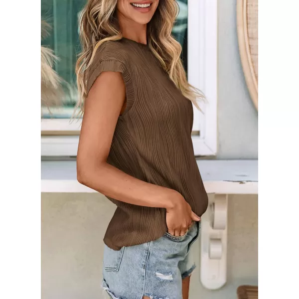 imagePRETTYGARDEN Womens Summer Going Out Tops Dressy Casual Crewneck Short Sleeve Textured Basic Cute Trendy T Shirts Tee BlouseCoffee