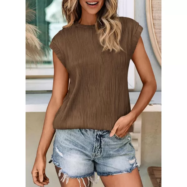imagePRETTYGARDEN Womens Summer Going Out Tops Dressy Casual Crewneck Short Sleeve Textured Basic Cute Trendy T Shirts Tee BlouseCoffee