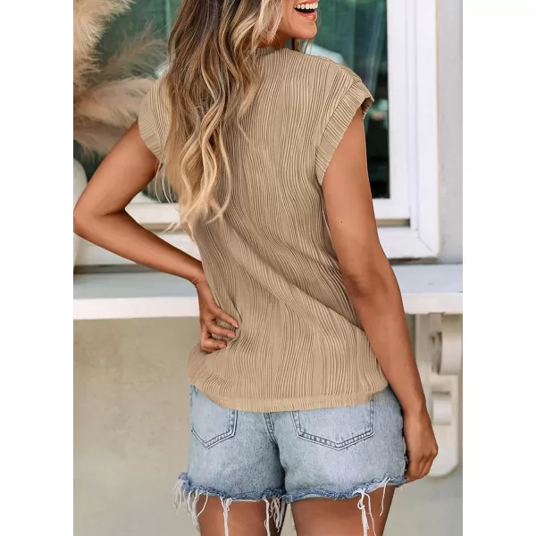 imagePRETTYGARDEN Womens Summer Going Out Tops Dressy Casual Crewneck Short Sleeve Textured Basic Cute Trendy T Shirts Tee BlouseKhaki