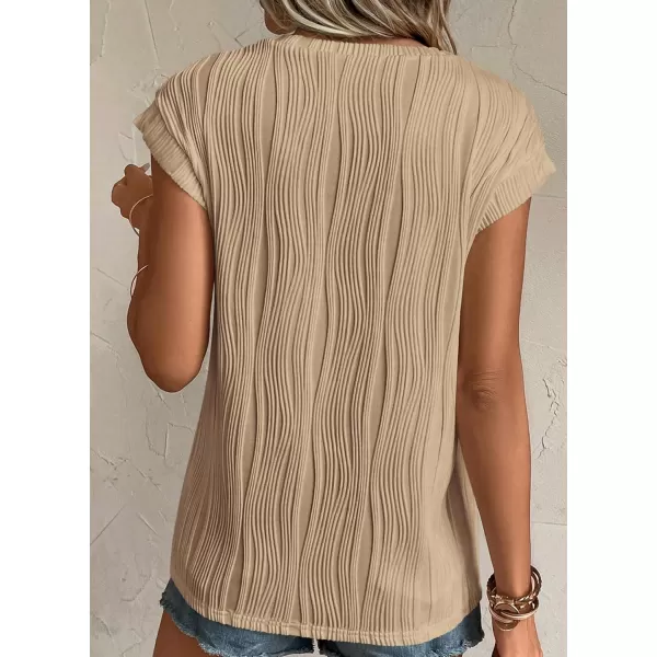 imagePRETTYGARDEN Womens Summer Going Out Tops Dressy Casual Crewneck Short Sleeve Textured Basic Cute Trendy T Shirts Tee BlouseKhaki