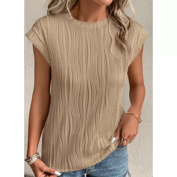 imagePRETTYGARDEN Womens Summer Going Out Tops Dressy Casual Crewneck Short Sleeve Textured Basic Cute Trendy T Shirts Tee BlouseKhaki