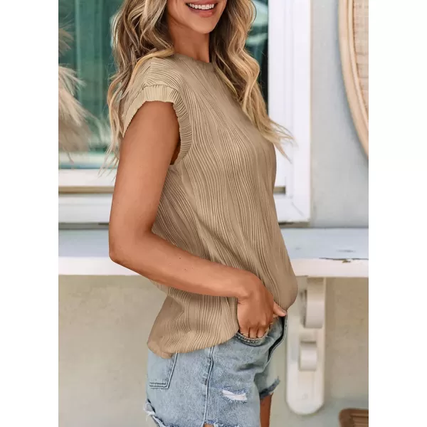 imagePRETTYGARDEN Womens Summer Going Out Tops Dressy Casual Crewneck Short Sleeve Textured Basic Cute Trendy T Shirts Tee BlouseKhaki