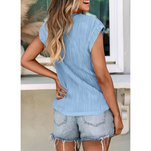 imagePRETTYGARDEN Womens Summer Going Out Tops Dressy Casual Crewneck Short Sleeve Textured Basic Cute Trendy T Shirts Tee BlouseLight Blue
