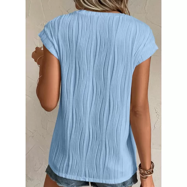 imagePRETTYGARDEN Womens Summer Going Out Tops Dressy Casual Crewneck Short Sleeve Textured Basic Cute Trendy T Shirts Tee BlouseLight Blue