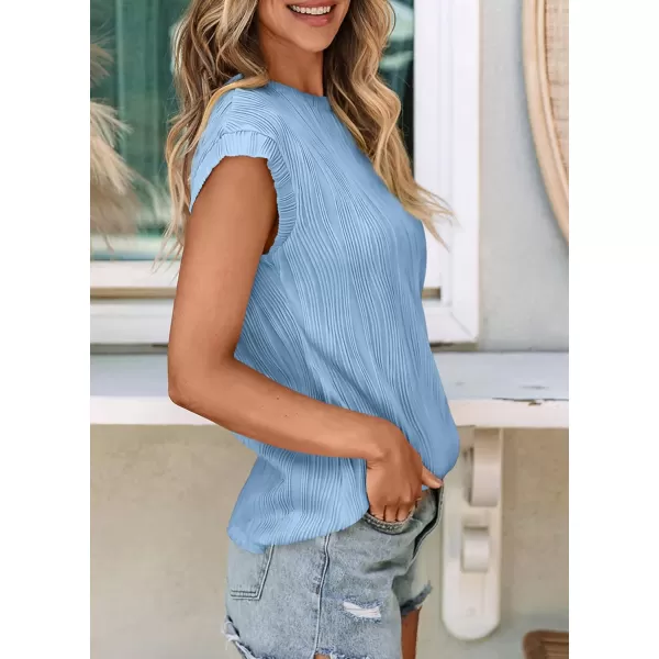 imagePRETTYGARDEN Womens Summer Going Out Tops Dressy Casual Crewneck Short Sleeve Textured Basic Cute Trendy T Shirts Tee BlouseLight Blue